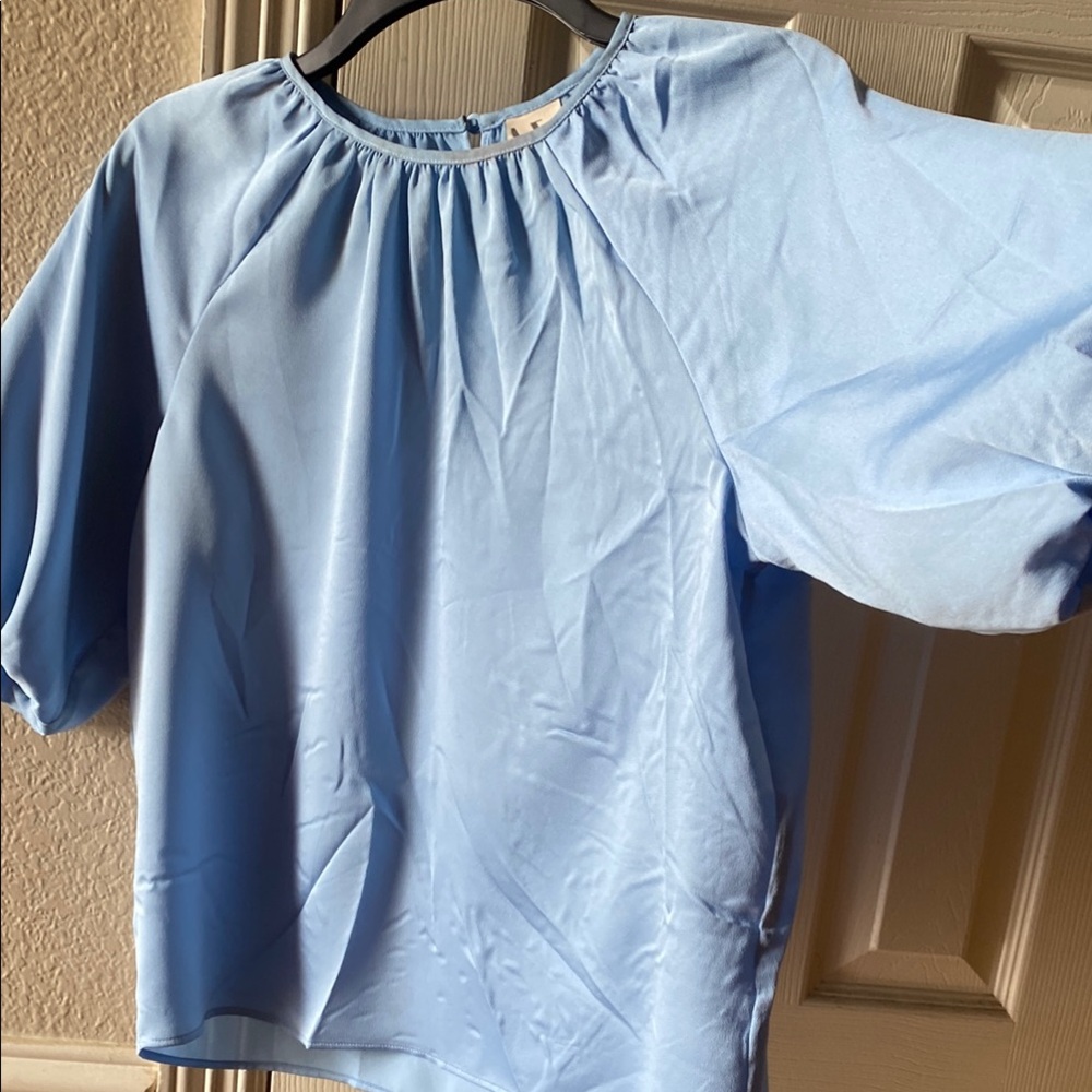 Worthington Blue Flutter Sleeve Blouse Relaxed Fit